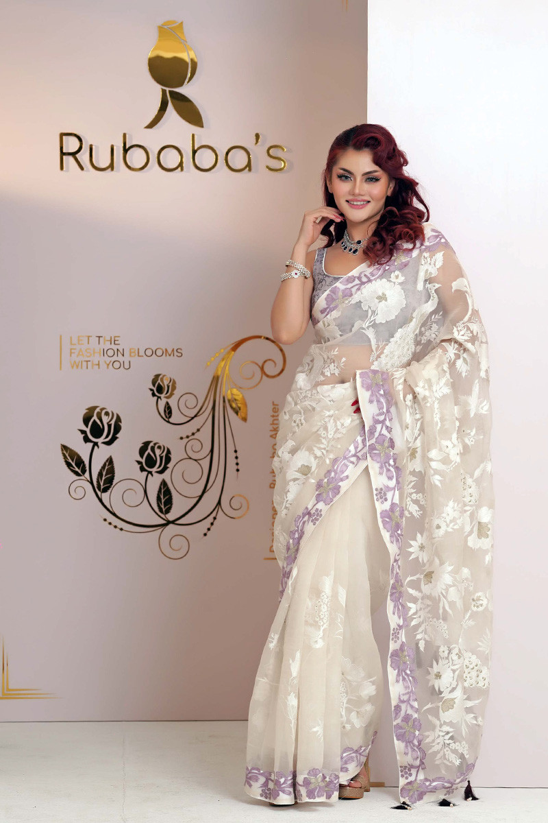 Rubaba's REM2428 Cream White Embroidered Muslin Saree Collection 2024