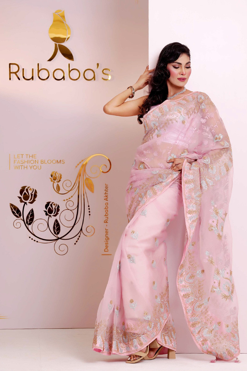 Rubaba's REM2429 Mimi Pink Embroidered Muslin Saree Collection 2024