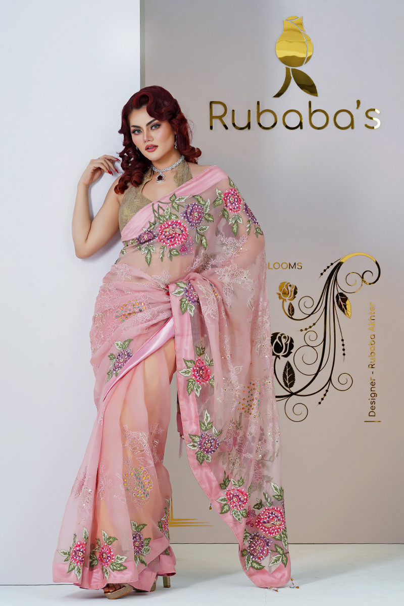 Rubaba's REM2409 Cherry Blossom Pink Embroidered Muslin Saree Collection 2024