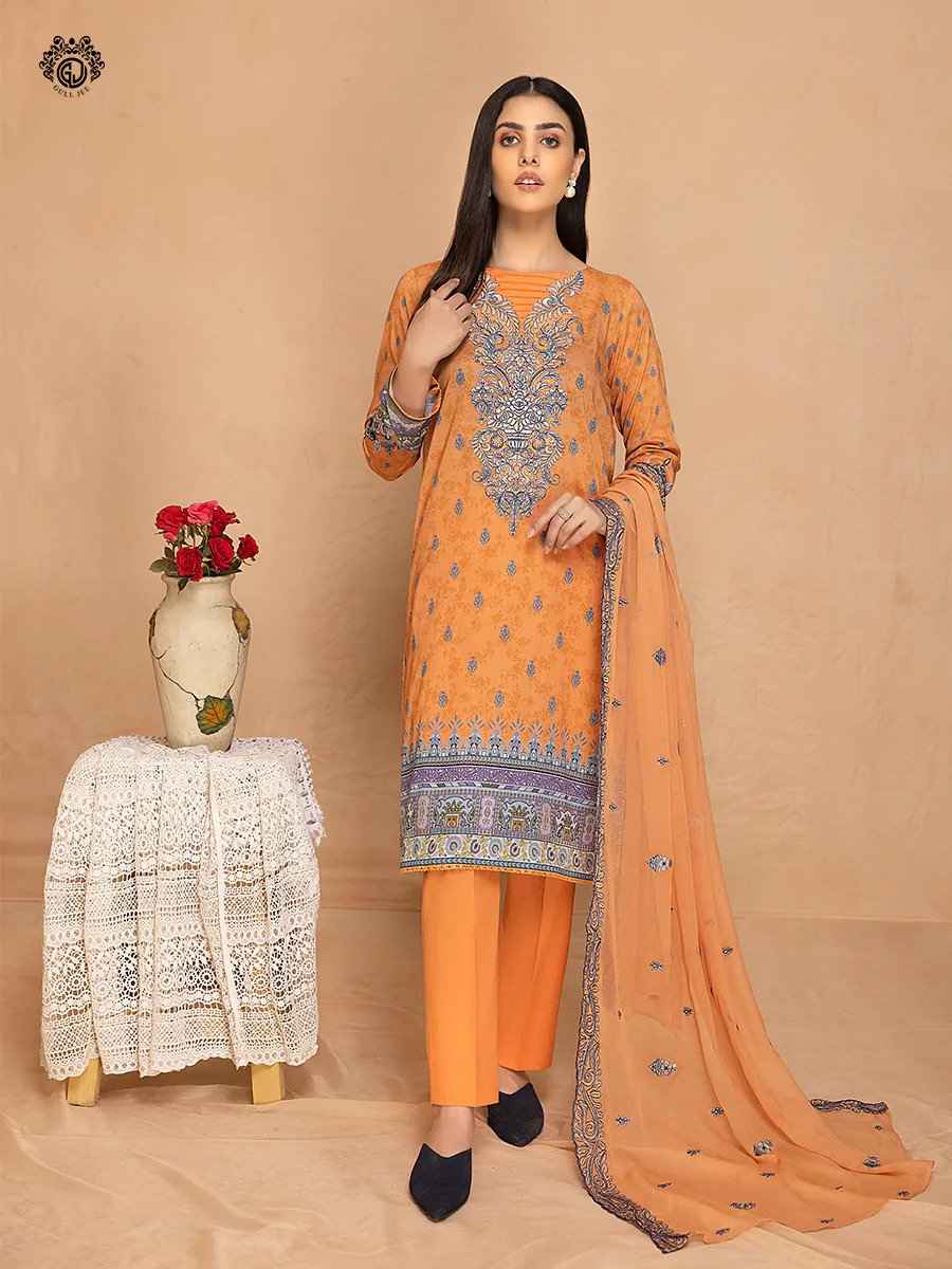 Tehzeeb beer orange embroidered 3 pieces available in Shelai