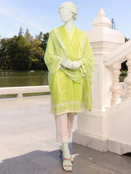 J. JLAWN-S-23-132 Bahareh Green Lawn Unstitched 3Piece with Printed Chiffon Dupatta