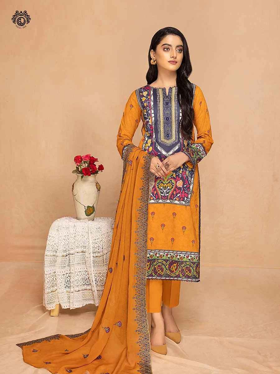 Tehzeeb orange printed embroidered 3pieces available in Shelai