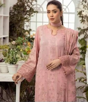 Johra pink color embroidered swiss voil 3 piece at shelai JH-51