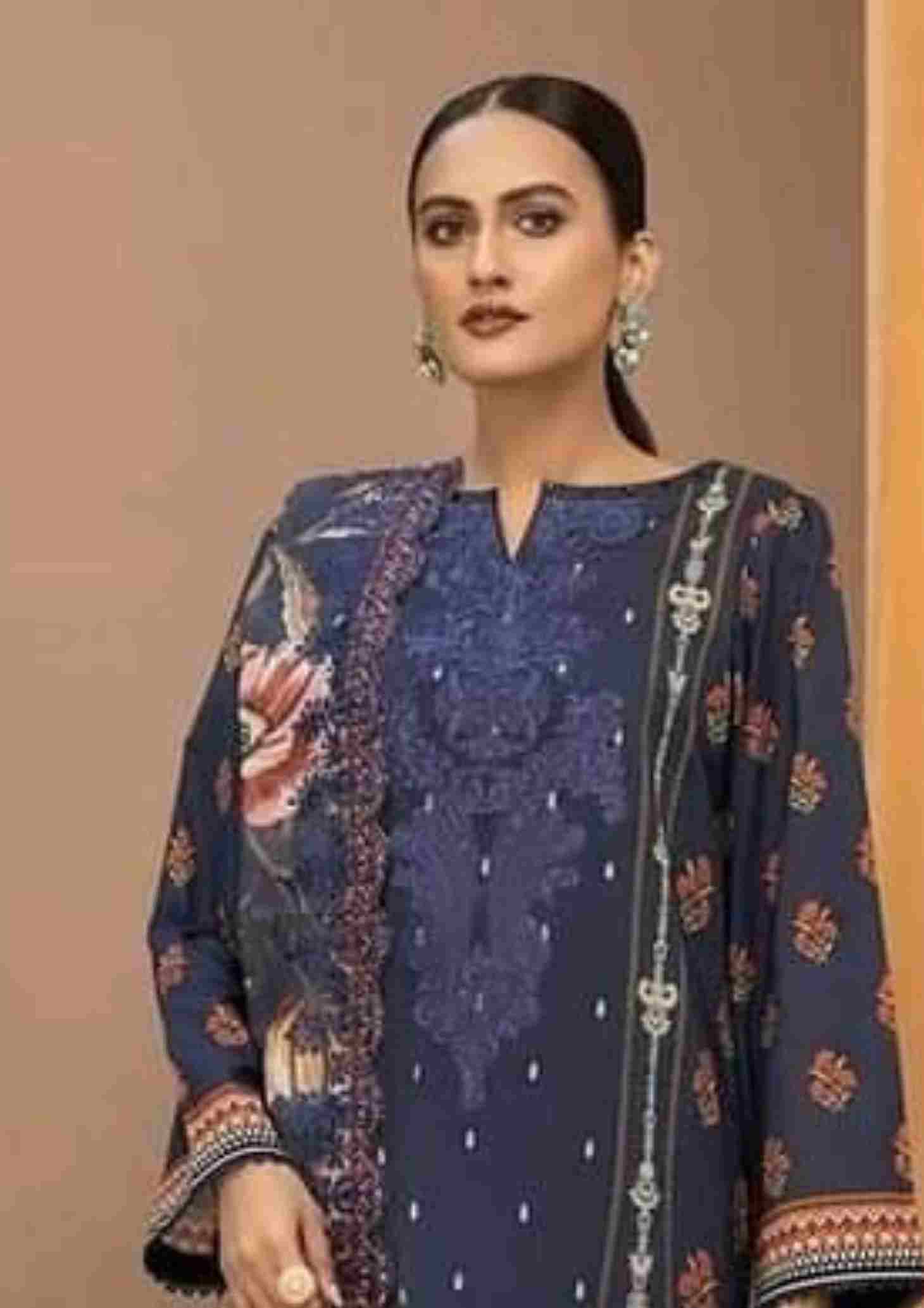 Hania Binaas navy blue print embroidered 3pc available in shelai