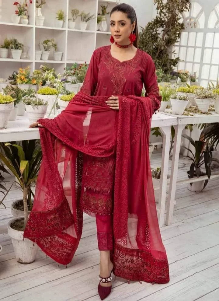 Johra maroon embroidered swiss voil 3 piece at shelai JH-44