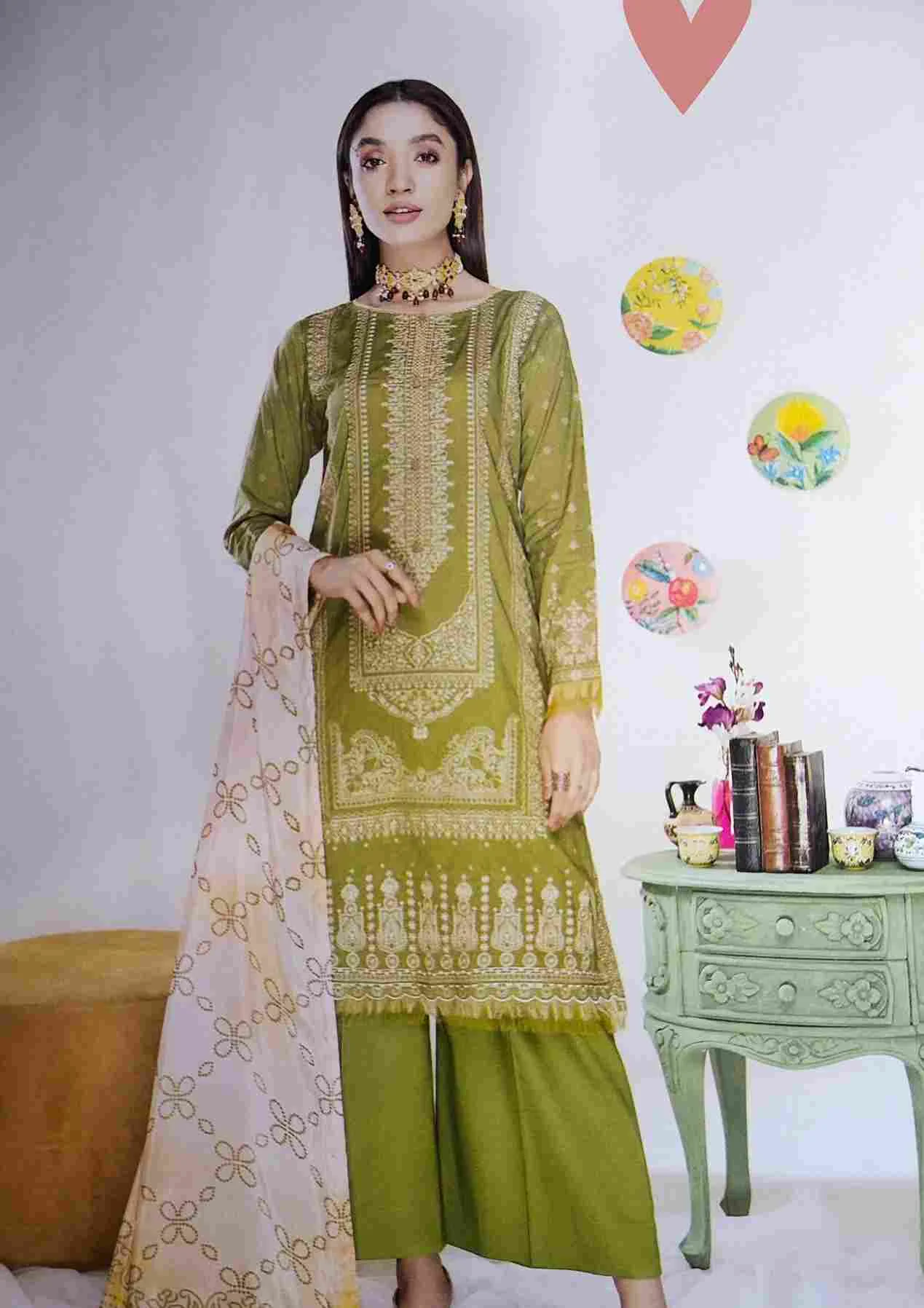 Mishaal olive embroidered 3 pieces by Gulljee available in Shelai