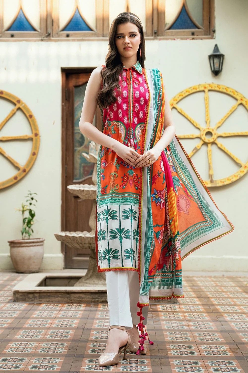 Gul Ahmed Printed Cross Hatch Suit with Lawn Dupatta | SHELAI26081641