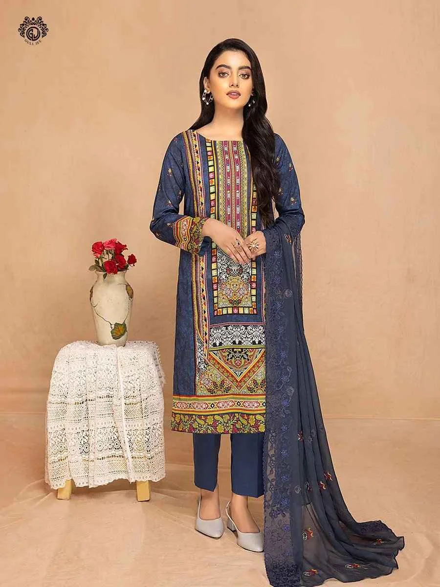 Tehzeeb navy blue printed embroidered 3pieces available in Shelai