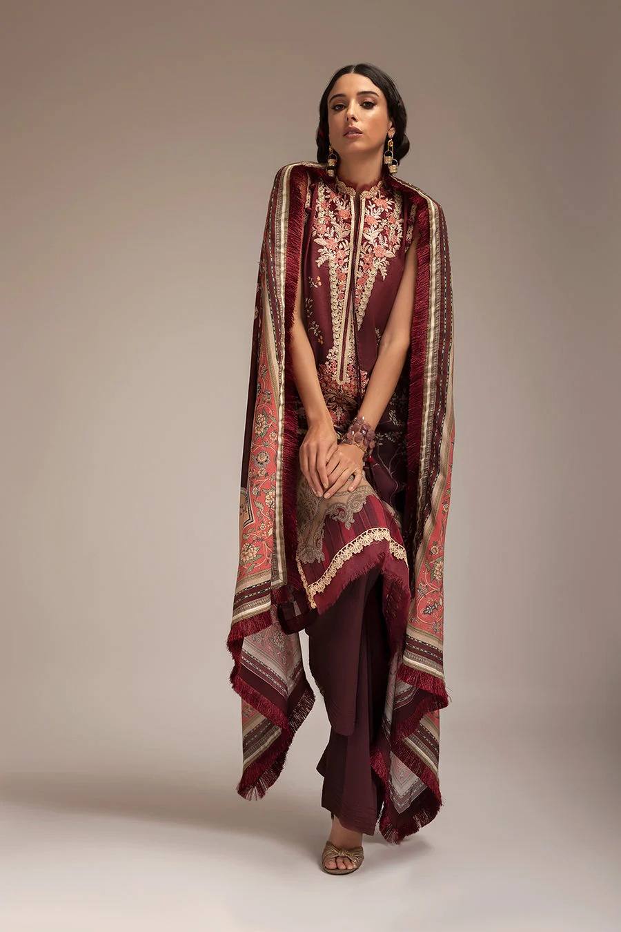 Sobia nazir maroon SN Prints 4A embroidered 3 piece at Shelai