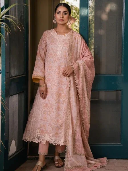 AABYAAN Elanah (AC-07) CHIKANKARI EMBROIDERED DRESS WITH EGYPTIAN VOIL PRINTED DUPATTA