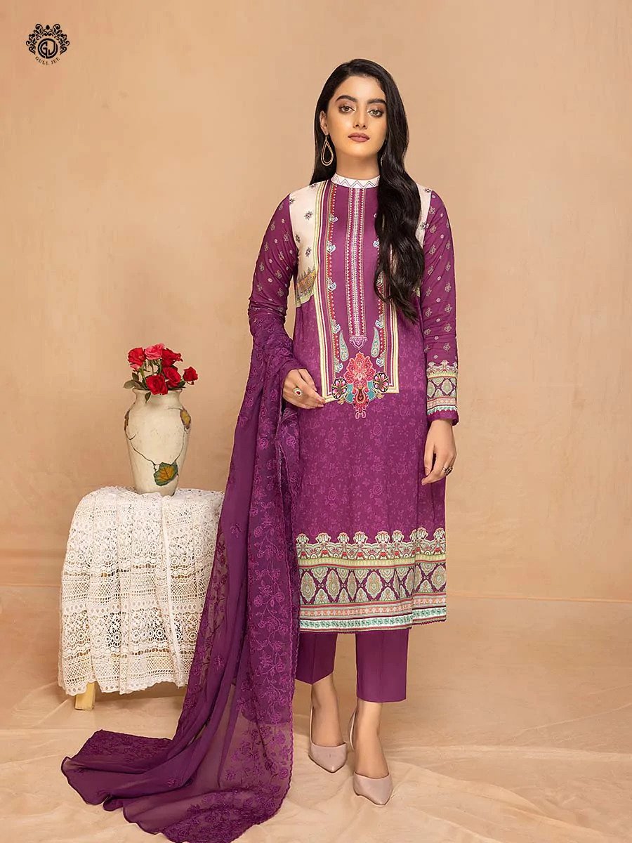 Tehzeeb purple printed embroidered 3pieces available in Shelai