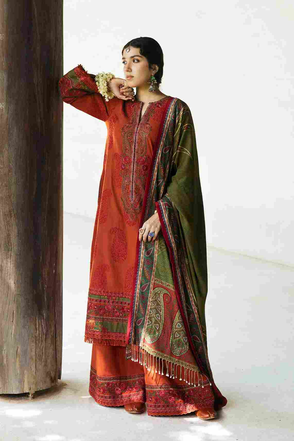 Zara Shahjahan Burnt Orange Winter Shawl 3Piece Roshan in BD