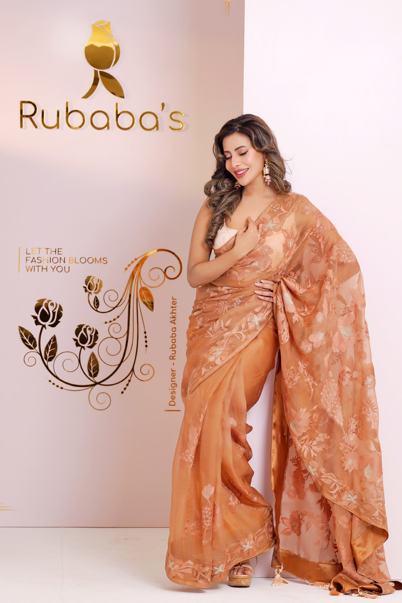 Rubaba's REM2416 Coral Orange Embroidered Muslin Saree Collection 2024
