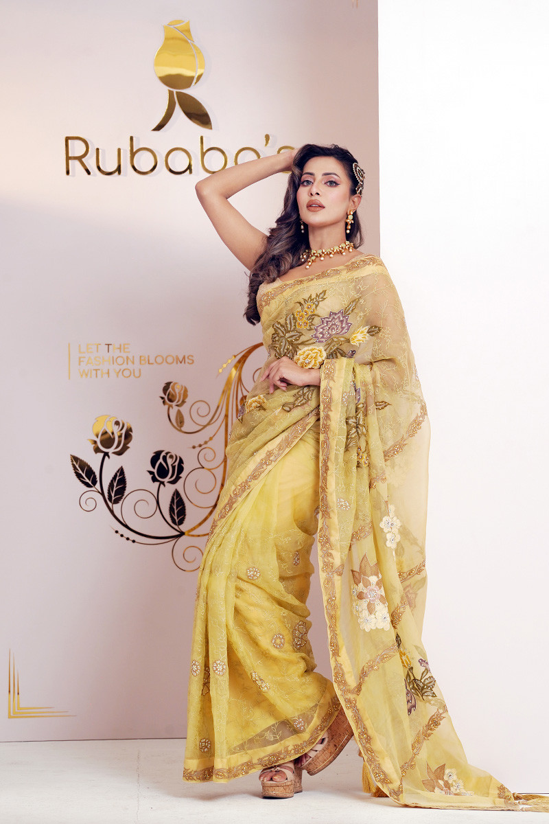 Rubaba's REM2427 Jasmin Yellow Embroidered Muslin Saree Collection 2024
