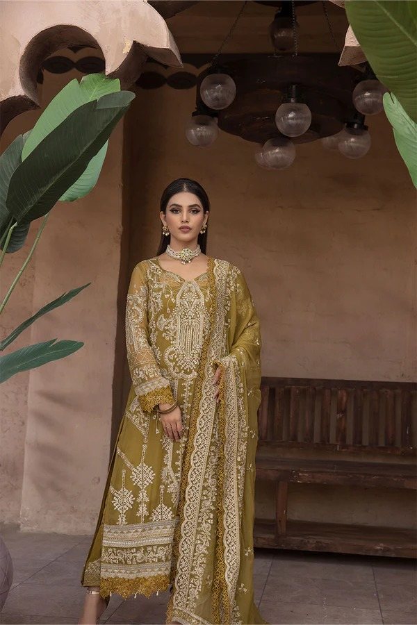 Johra acid green gold luxury chiffon collection 3 piece JH-531