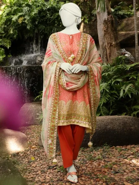 J. JLAWN-S-23-141 Pink Orange Bahareh Basic Lawn Unstitched 3Piece with Lawn Dupatta